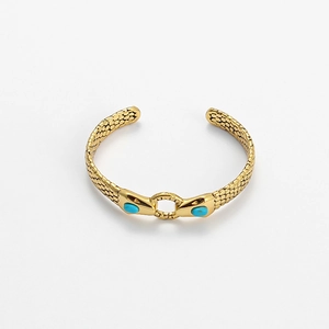 French Vintage Brass Snake Head Open Bracelet Necklace With Blue Artificial Turquoise Scale Texture Fashion Jewelry For Women
