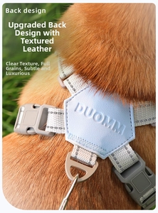 Detail of light blue textured leather dog harness back with reflective straps and D-ring