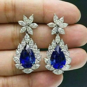 Luxury Royal Blue Pear Cut Zirconia Drop Earrings For Women Retro Floral Inlaid Copper Dangle Earrings Wedding Party Jewelry