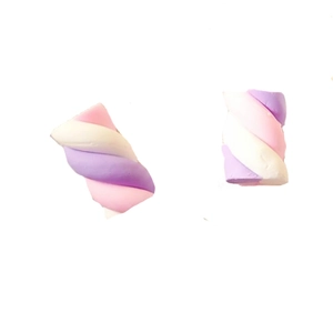 Handmade polymer clay marshmallow pendants with pink, white, and purple spiral textures