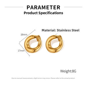 Detail view of 18x17mm gold stainless steel irregular hoop earrings with dimensions