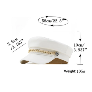 White leather flat top captain hat with gold chain detail and 58cm size measurements