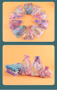 Detail of coral pattern organza drawstring gift bags in multiple colors and stacked view