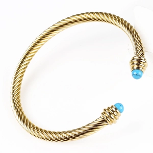 Golden titanium steel cable cuff bracelet with blue turquoise stone beads