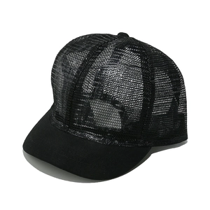 Close-up of breathable mesh texture and short brim on this black outdoor baseball cap
