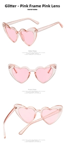 Multiple views of pink glitter heart sunglasses showing front and side structure