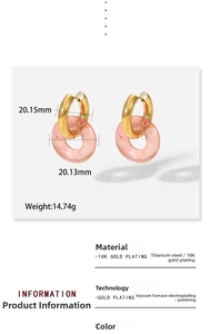 Detail view of gold 18K plated hoop earrings with pink stone pendants and size data