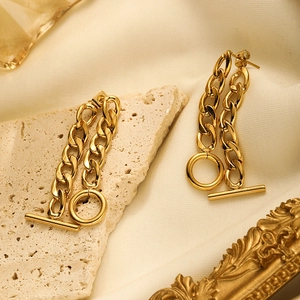 Detailed close-up of 18K gold plated stainless steel OT buckle double chain earrings