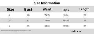 Detailed size chart for bikini top showing bust waist and hips measurements in cm