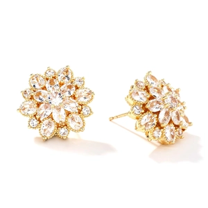 Elegant floral cluster stud earrings with marquise zirconia set in gold metal