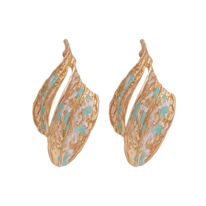 Elegant gold vintage heart earrings with colorful enamel spots on white background