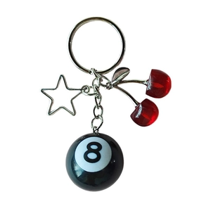 Cherry crystal resin keychain with metal star and black billiard ball 8 pendant
