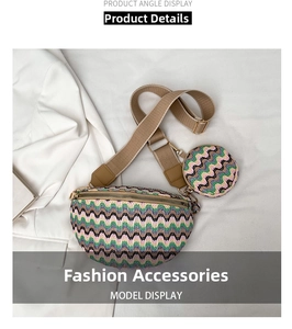 Detail of colorful woven crossbody bag with round coin purse and golden zipper accents