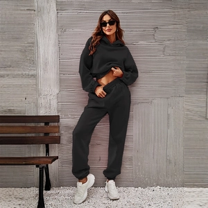 Women black two-piece lounge set with hooded sweatshirt and high-waisted joggers