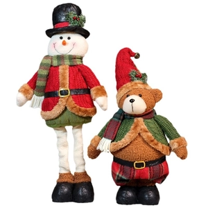 Christmas telescopic plush snowman and bear doll decorations with red and green knit fabric