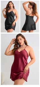 Détails de nuisette en satin grande taille avec col en V et bretelles croisées