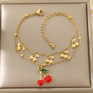 18K gold double layer stainless steel bracelet with cute red cherry charms