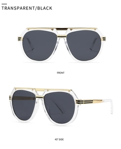 Front and 45-degree side views of modern transparent black sunglasses with gold metal accents