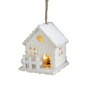 Hanging white LED Christmas house ornament with snow texture and warm glowing light