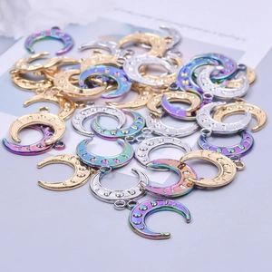 Polished stainless steel moon charms in gold silver and rainbow finishes for DIY jewelry