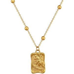 Titanium steel gold necklace with a sunflower rectangular pendant and beaded chain