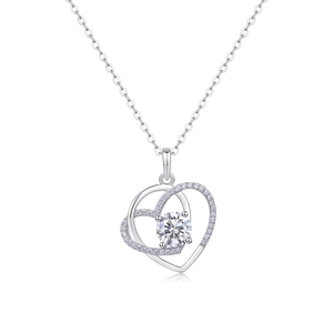 Polished silver double heart necklace with a round-cut lab diamond in prong setting