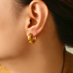 French vintage 18K gold plated hoop earrings with micro-set starburst zircon patterns