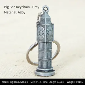 Detailed view of the Big Ben alloy keychain with dimensions and grey metallic finish
