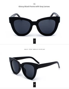 Front and side profile of cat eye sunglasses in glossy black frame with grey lenses