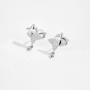 Elegant S925 sterling silver four-pointed star stud earrings with cubic zirconia detail