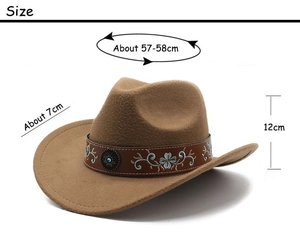 Brown wool cowboy hat featuring a leather strap with floral embroidery and turquoise studs