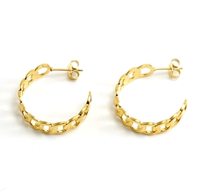 Detailed close-up of 18K gold plated interlocking Cuban link half-hoop earrings