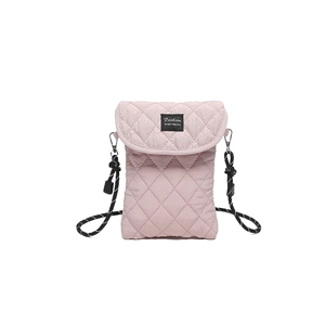 Pale pink quilted crossbody phone bag with fashion label and braided strap