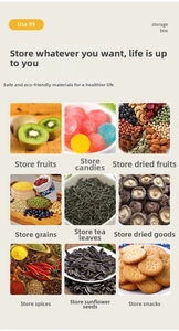 Clear square food storage containers for fruits, snacks, nuts and grains in grid view