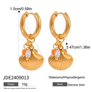 Hypoallergenic gold stainless steel hoop earrings with shell and pearl drop pendants