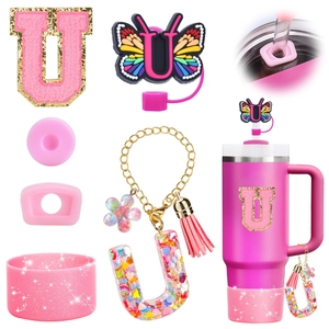 Pink glitter letter U charm set with resin butterfly straw cover and tassel for tumbler