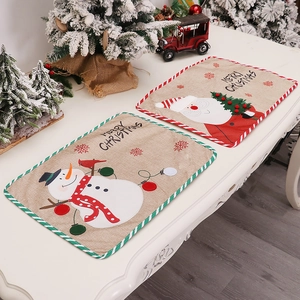 Christmas burlap placemats set featuring Santa Claus and Snowman with Merry Christmas print