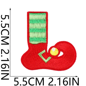 Detailed view of red Christmas boot embroidery patch with size markers 5.5cm x 5.5cm
