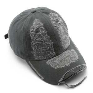Distressed dark grey cotton baseball cap with vintage frayed edges and torn details