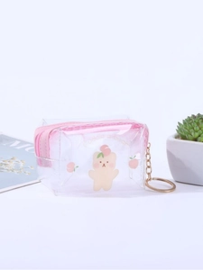Square clear PVC mini pouch with cute cartoon bear print and pink zipper with keychain