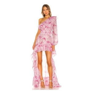Floral one-shoulder asymmetrical dress with ruffled hem and waist belt in pink purple
