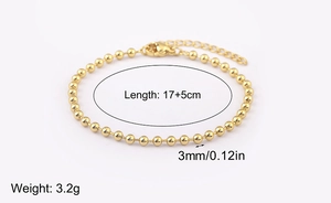 Detail view of 3mm gold bead bracelet showing lobster clasp and 17+5cm extension chain