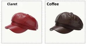 Detail view of burgundy and coffee PU leather newsboy caps with stitched panel textures