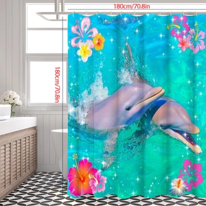 Ocean dolphin shower curtain with tropical flowers and water splash 180x180cm