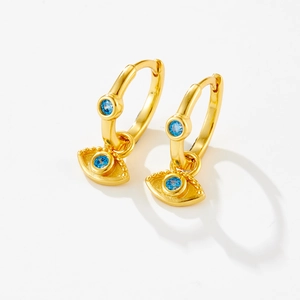 Elegant gold S925 silver evil eye hoop earrings with blue zircon stones for women