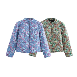 Women Vintage Paisley Print Quilted Jacket Stand Collar Long Sleeve Padded Coat Ethnic Boho Style Outerwear