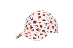 Detailed close-up of colorful abstract oil painting print on cotton baseball cap