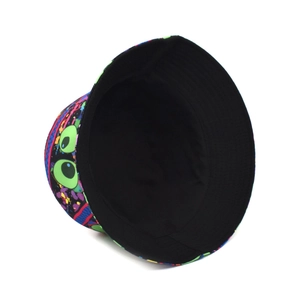 Reversible bucket hat with green eyes graffiti print and plain black interior lining
