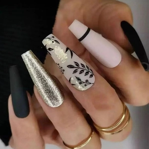 Matte Black Pink Coffin Press On Nails With Gold Glitter Leaf Patterns Long Ballerina Shape Fake Nails For Women Daily Fashion Nail Decor