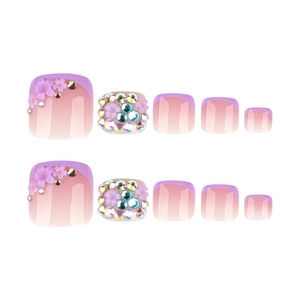 French style purple press-on toenails with gradient pink base and sparkling rhinestones